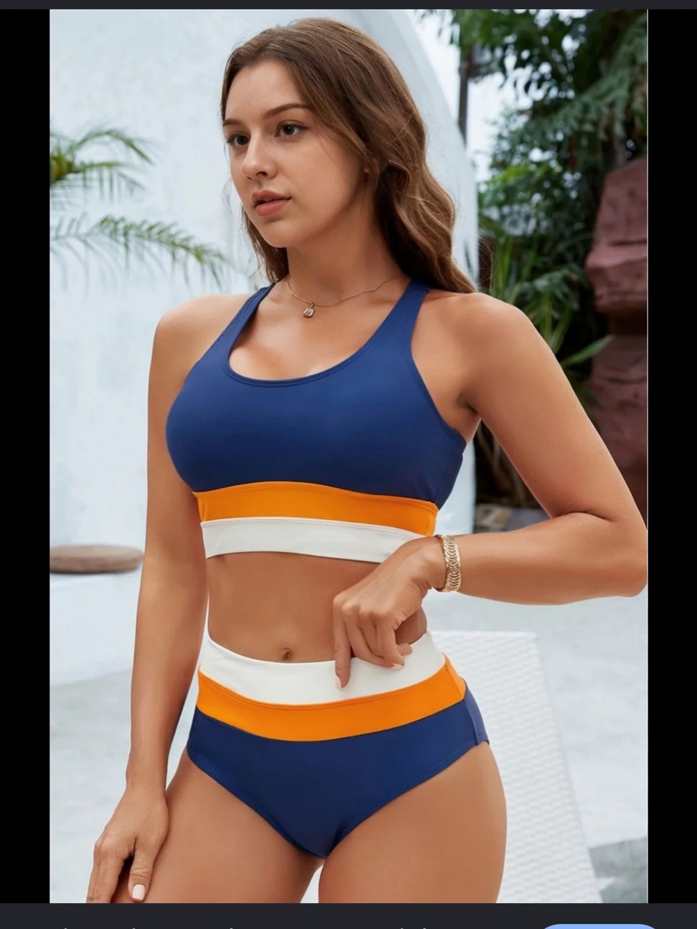 Color block midkini high waist zip back
